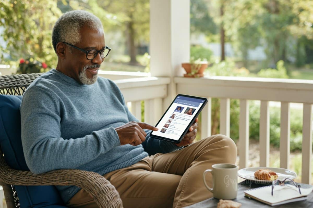 Relaxed older adult using a tablet to browse social media while enjoying coffee on a comfortable porch with natural lighting.