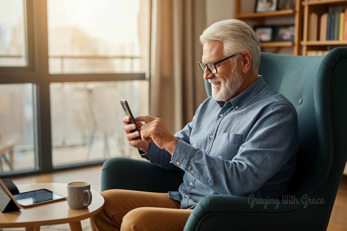 A confident older adult using a smartphone in a comfortable living room setting with natural light, demonstrating engagement with technology.