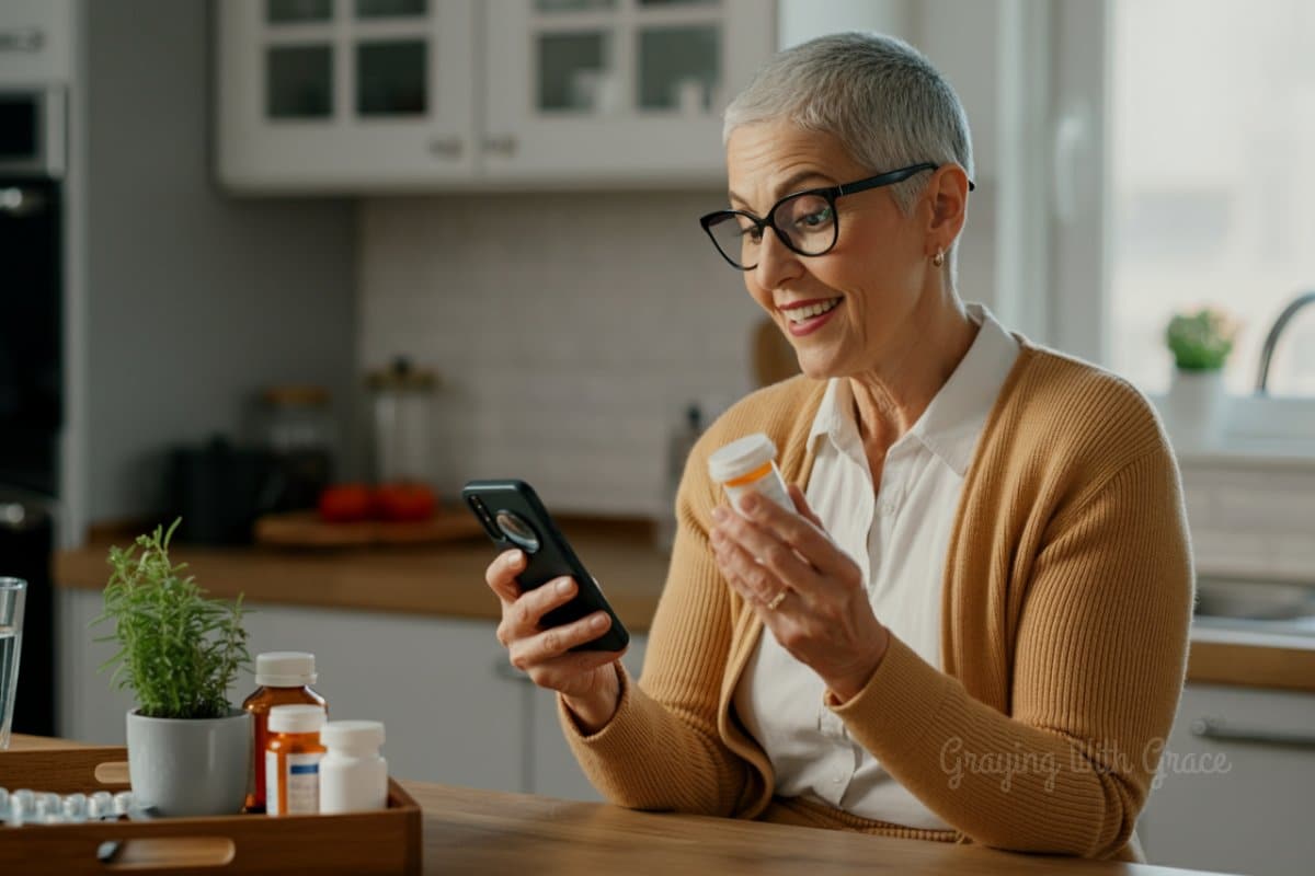 Senior using smartphone magnifier function to read small text on a medication bottle in a well-lit kitchen setting.