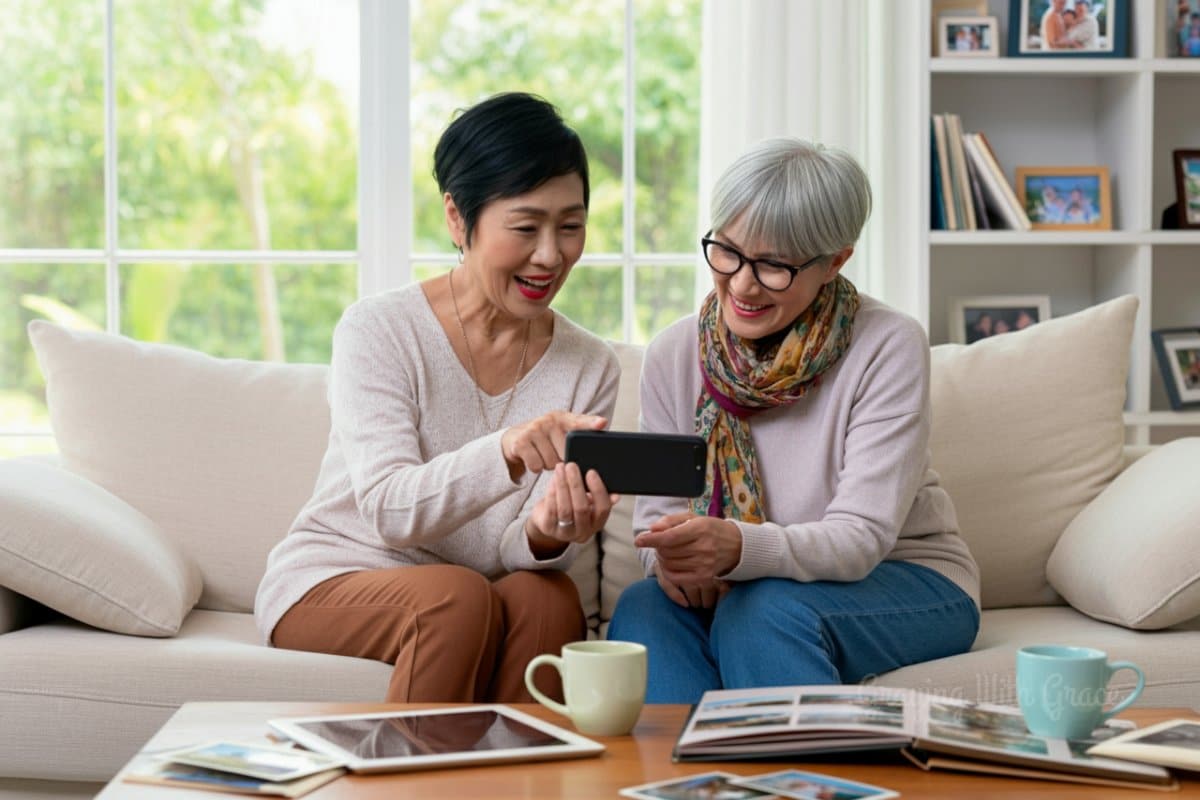 Two older adults sitting close together on a couch, smiling while viewing and sharing digital photos on a smartphone.