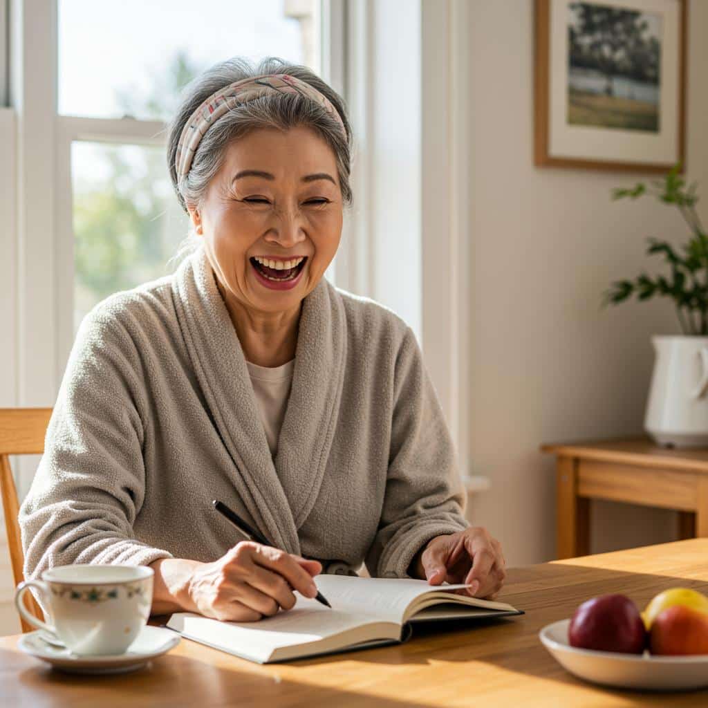 Older woman journaling at a kitchen table, smiling in warm morning light