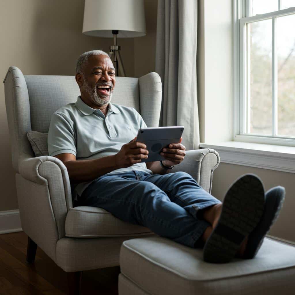 Older man sitting in armchair smiling at a tablet with legs comfortably raised