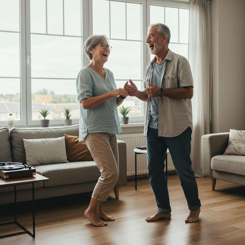 Older couple dancing joyfully in living room with natural sunlight