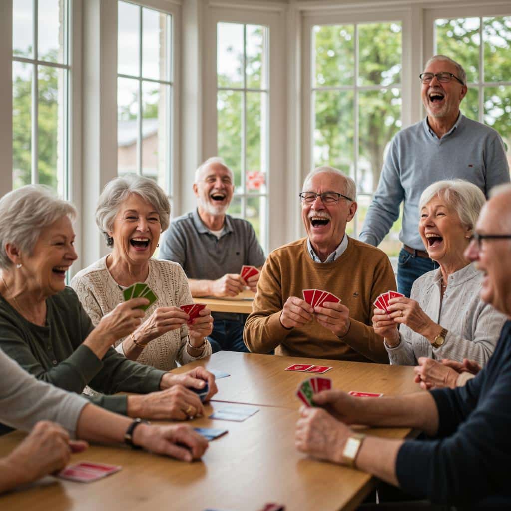 Group of seniors laughing while playing cards at a sunlit table together