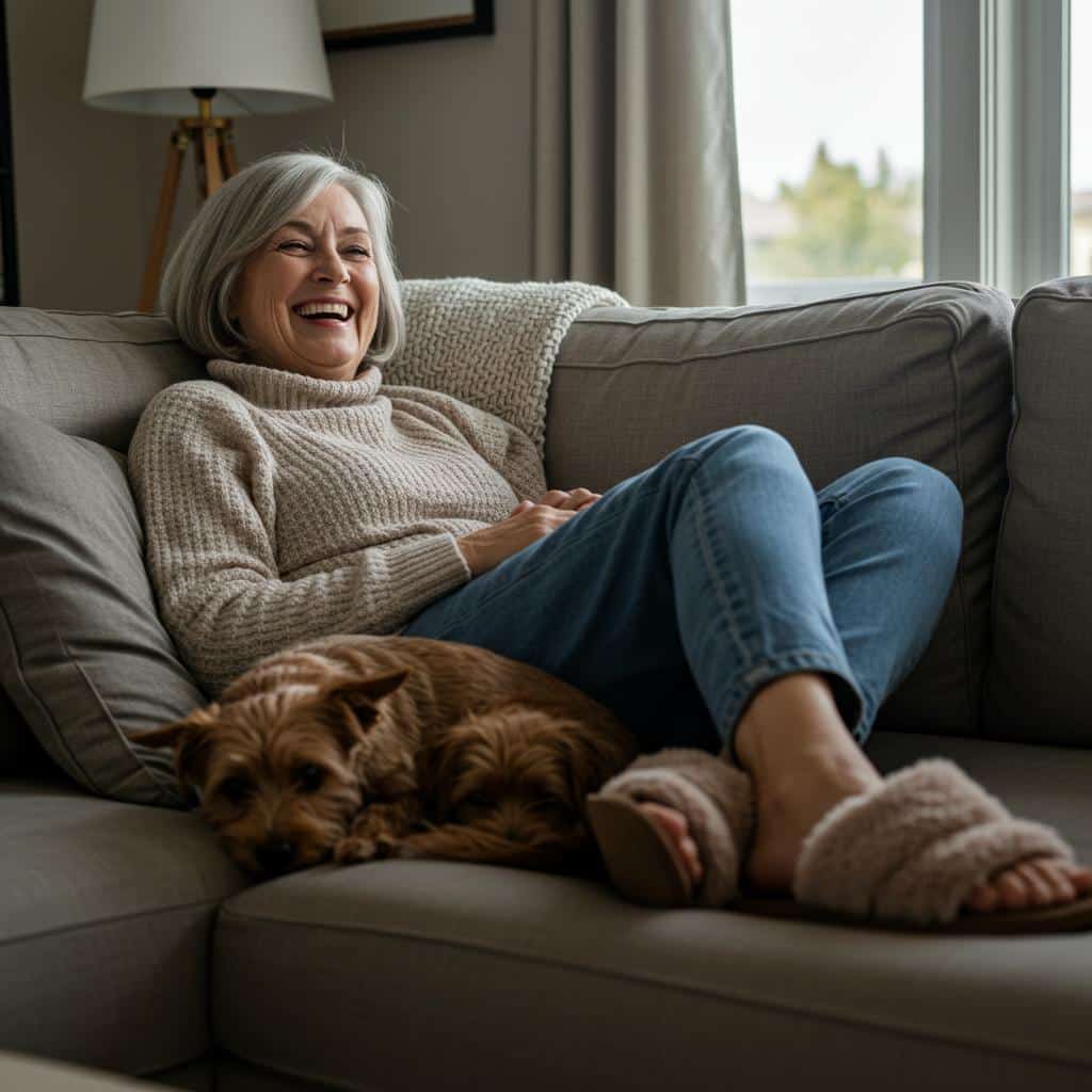 Older woman smiling while watching TV, dog resting near her feet on the couch